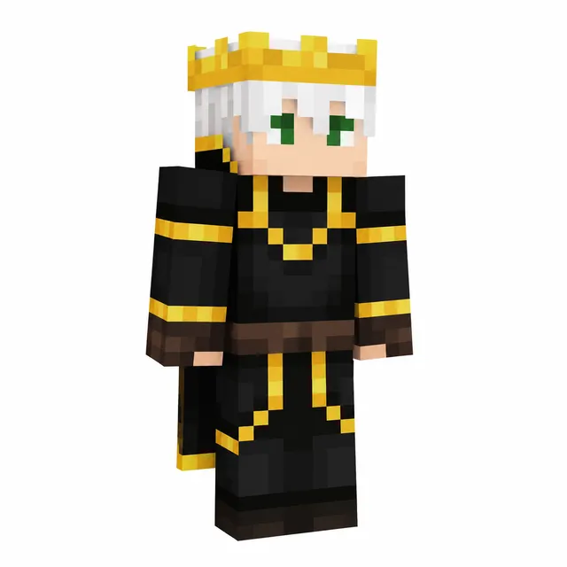 Minecraft skin of a white-haired king with gold crown, black robes with gold trim, green eyes, and a cape.