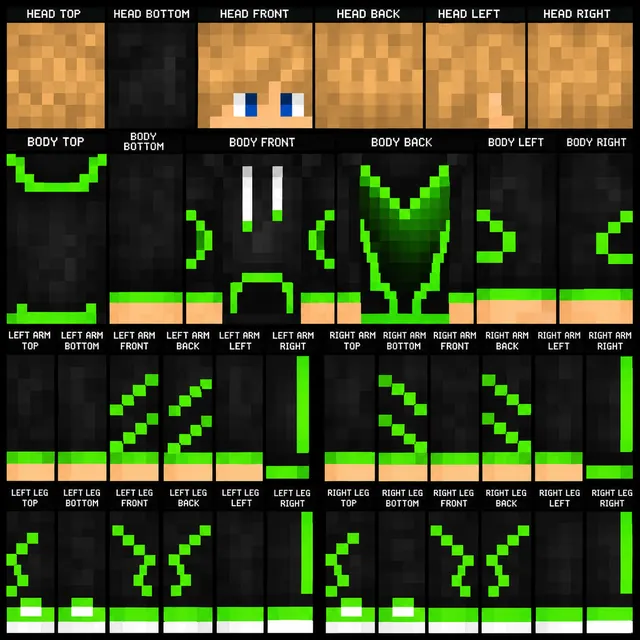 Minecraft skin template: blond character in black hoodie with neon green glow accents and white-soled shoes.
