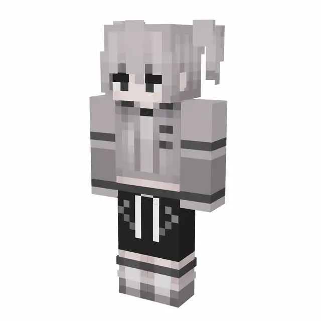 Grayscale Minecraft skin with gray hoodie, black skirt, and side ponytail on white background.
