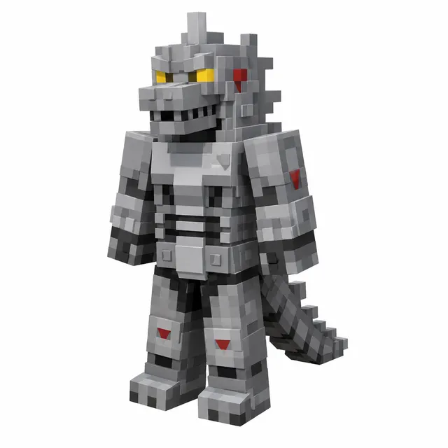 Minecraft mecha kaiju skin with gray armor, yellow eyes, red accents, and a spiked tail in 3D view