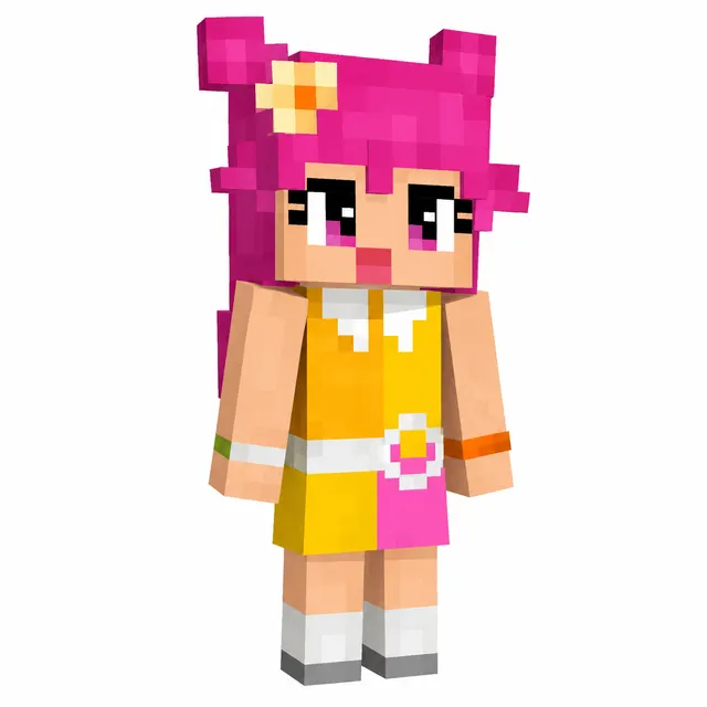 Cute pink-haired Minecraft skin with twin buns, yellow–pink dress, white belt with flower, and white boots.