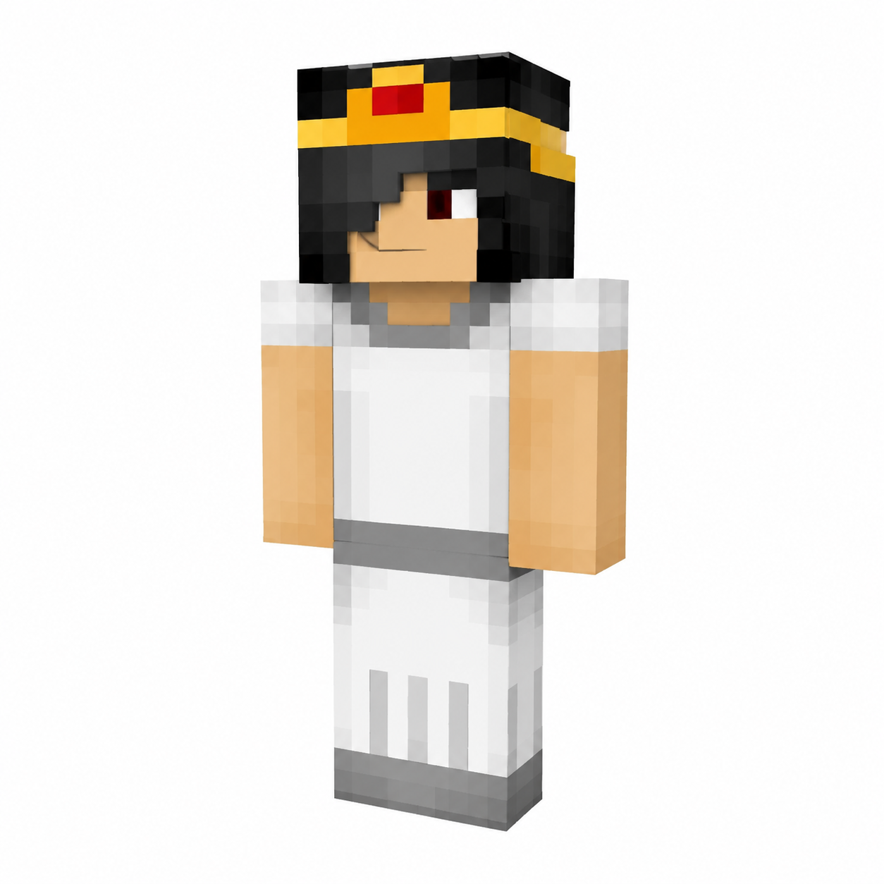 Minecraft skin of character in white toga with gray trim and gold circlet with red gem, black hair covering one eye, neutral pose
