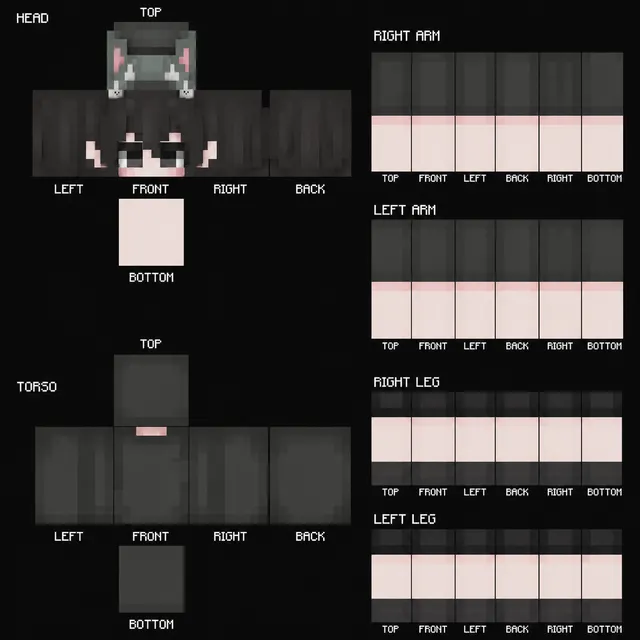 Dark cat-ear hoodie Minecraft skin with long black hair and pink accents