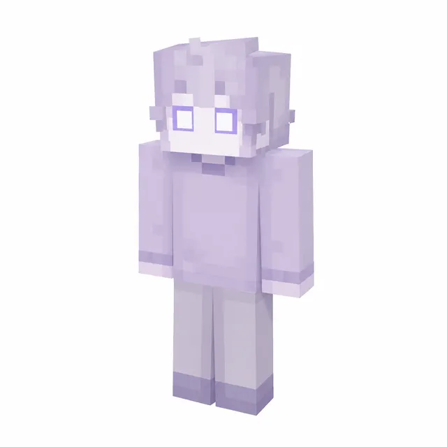 Pastel lavender Minecraft skin with square glasses, long-sleeve top, and light pants in three-quarter view.