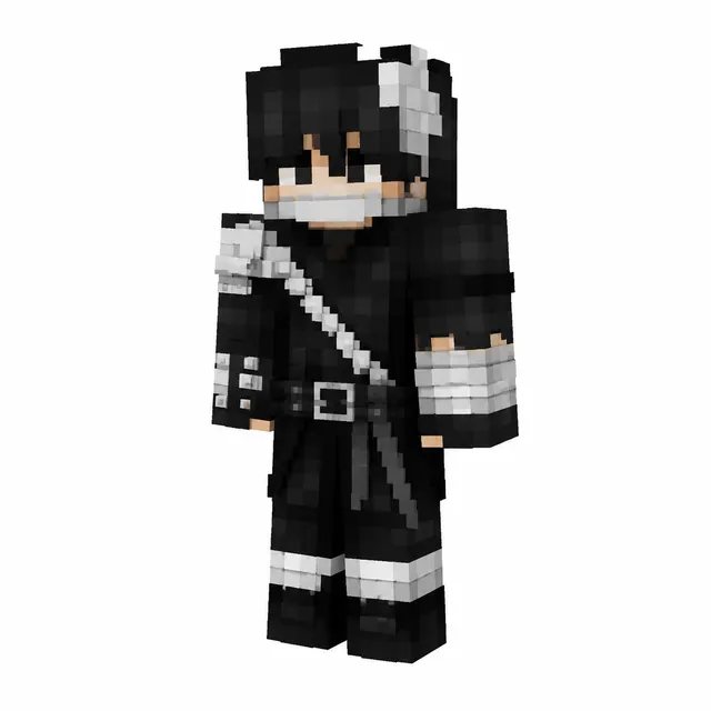 Black-and-white ninja Minecraft skin with mask, strap, and bandaged arms in 3/4 view.