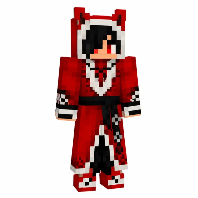 Red Minecraft skin with animal-eared hood, white-trimmed robe, black hair, and sash