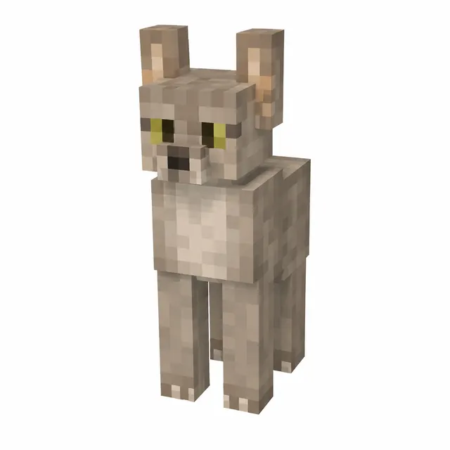 Beige voxel dog/wolf with yellow-green eyes and tall ears, in 3/4 view on a white background.