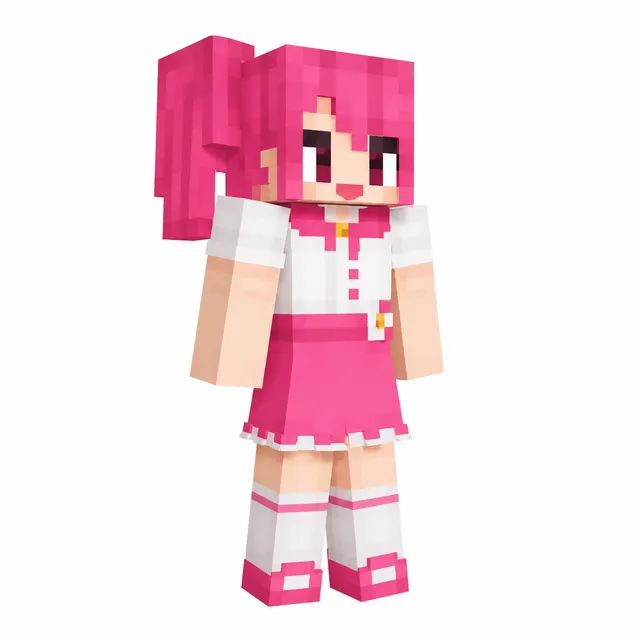 Minecraft skin with bright pink ponytail, white shirt, pink skirt, and knee‑high socks in three‑quarter view.