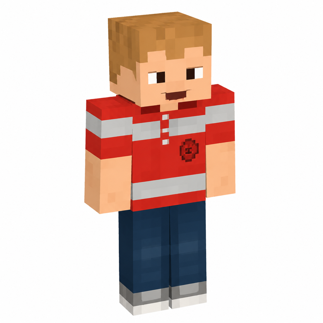 Minecraft skin of smiling blond boy in red striped jersey, blue jeans, and gray-white shoes on a white background.