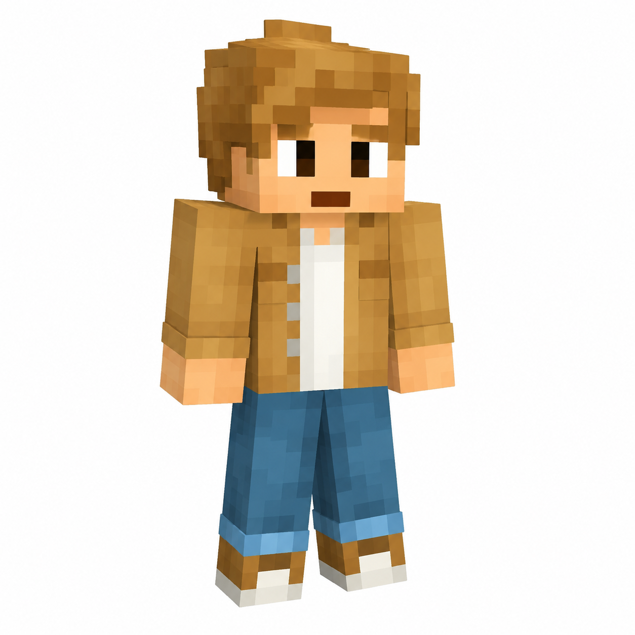 Minecraft skin with tan jacket, white shirt, blue cuffed jeans, and short brown hair on white background.