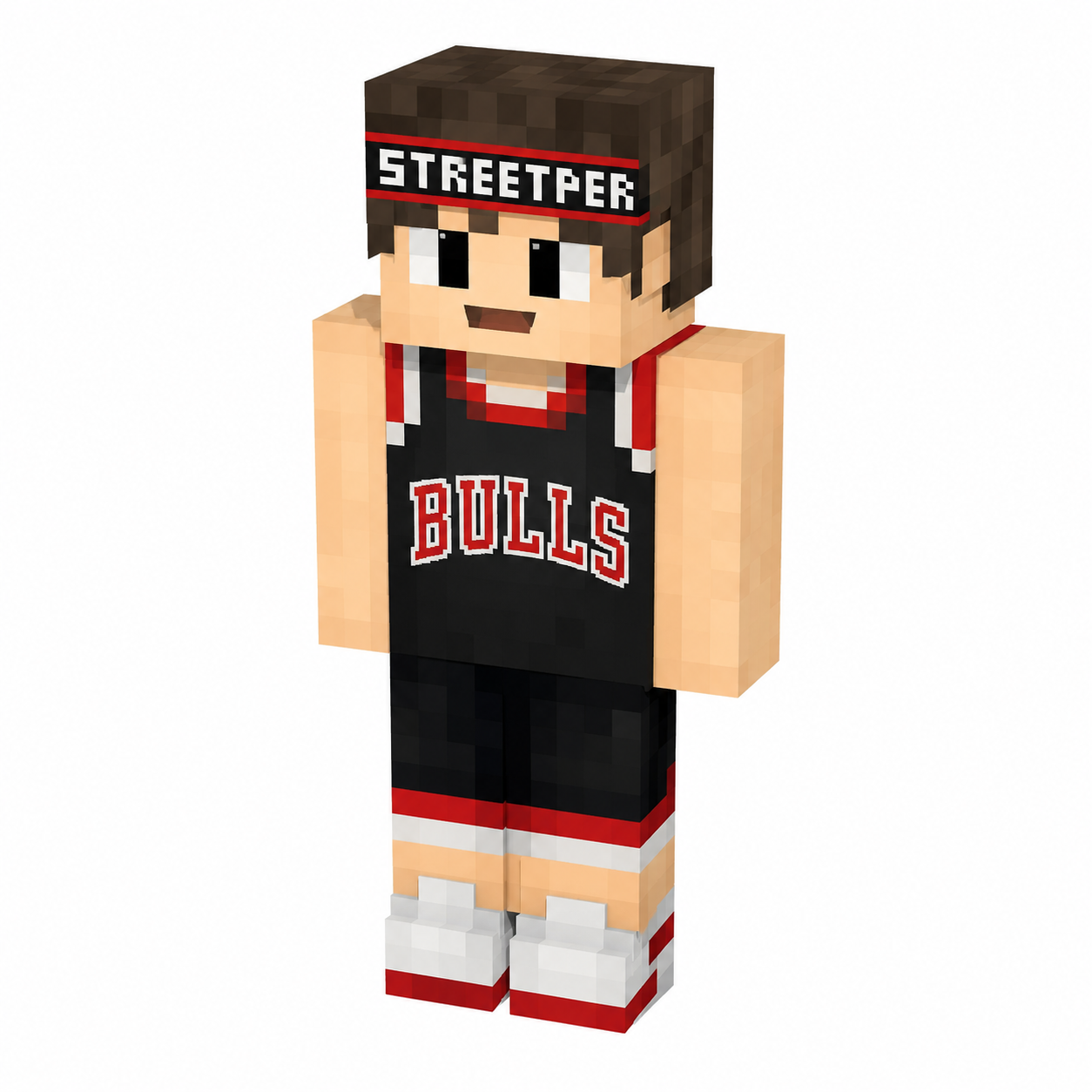 Minecraft skin in black and red basketball jersey labeled BULLS, headband, and white sneakers.
