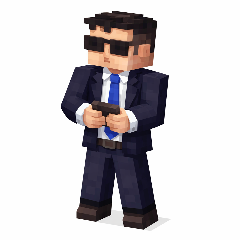 Minecraft-style agent in navy suit with blue tie and sunglasses holding a phone.