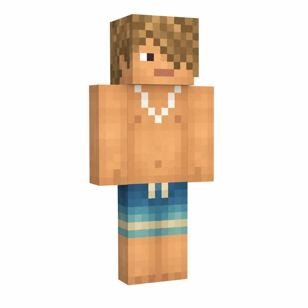 Minecraft beach skin with blue swim trunks, white beaded necklace, and side-swept brown hair on a tan character.