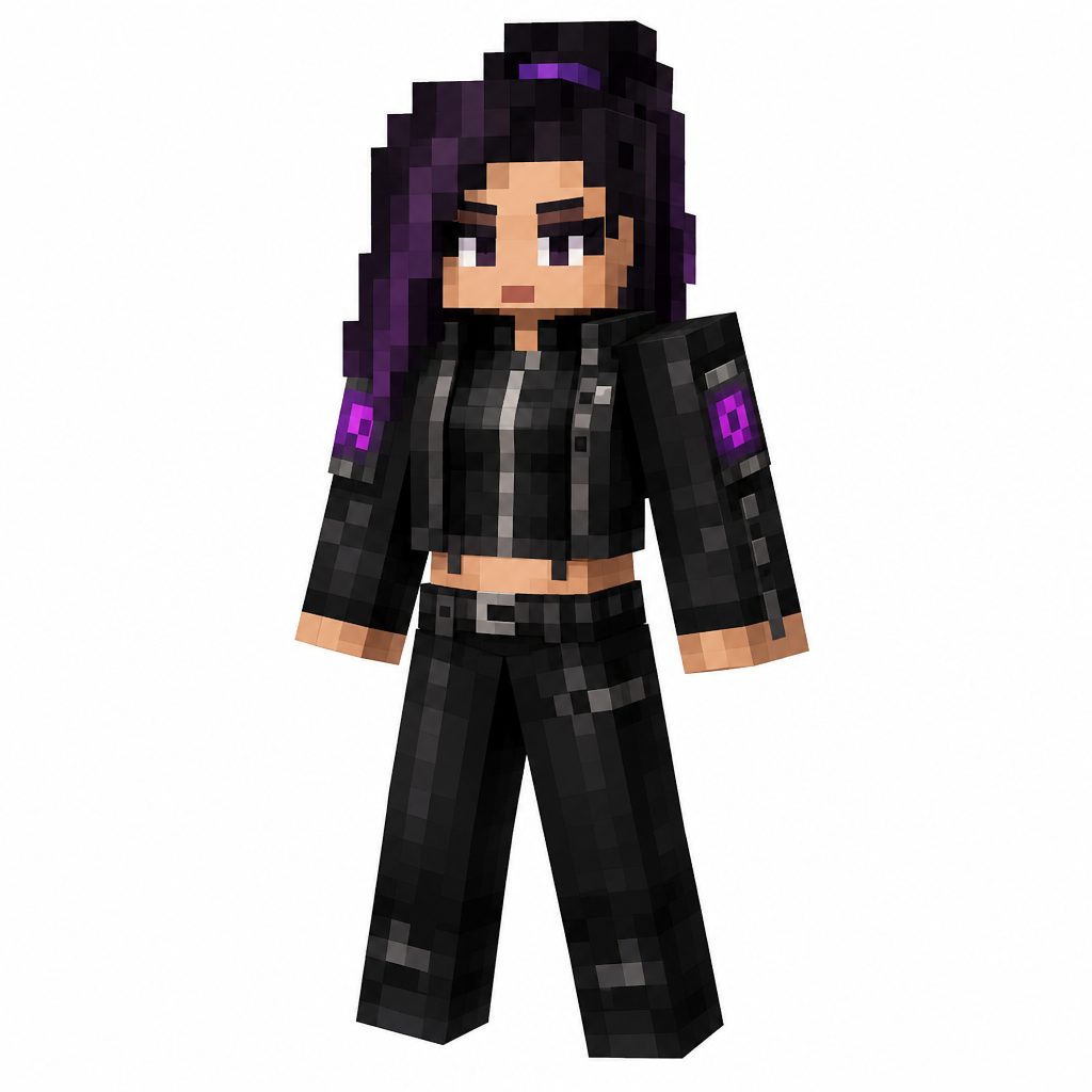 Minecraft skin with black techwear outfit, purple hair streaks, and purple sleeve patches.