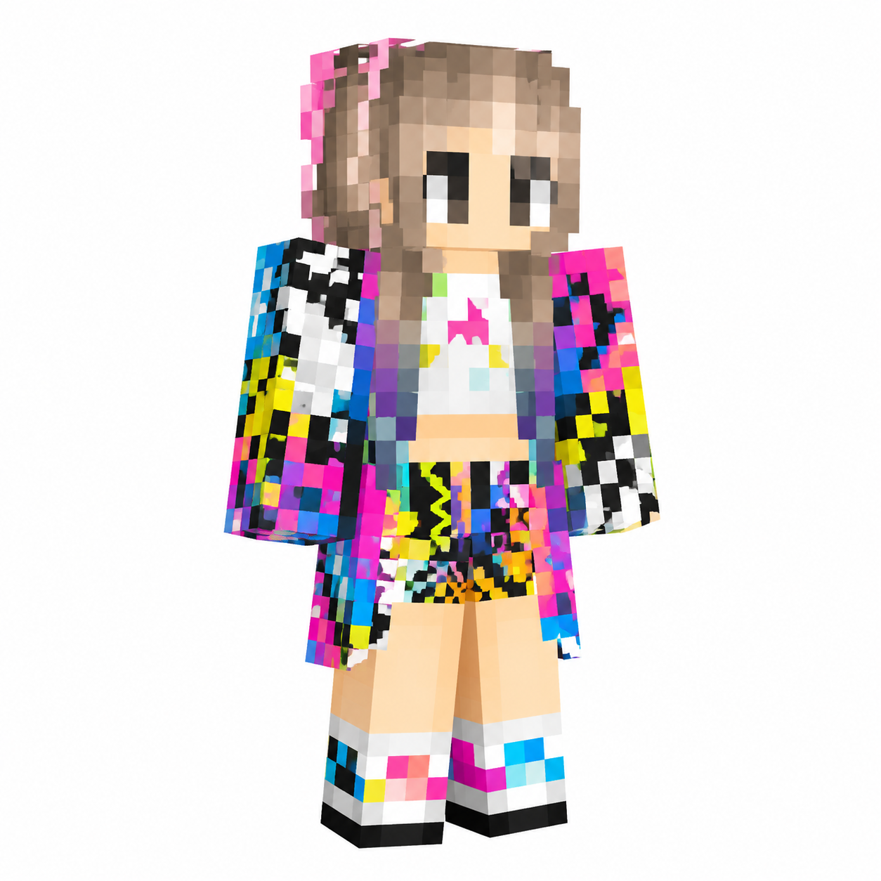 Neon glitch streetwear Minecraft skin with colorful jacket, crop top, and shorts.