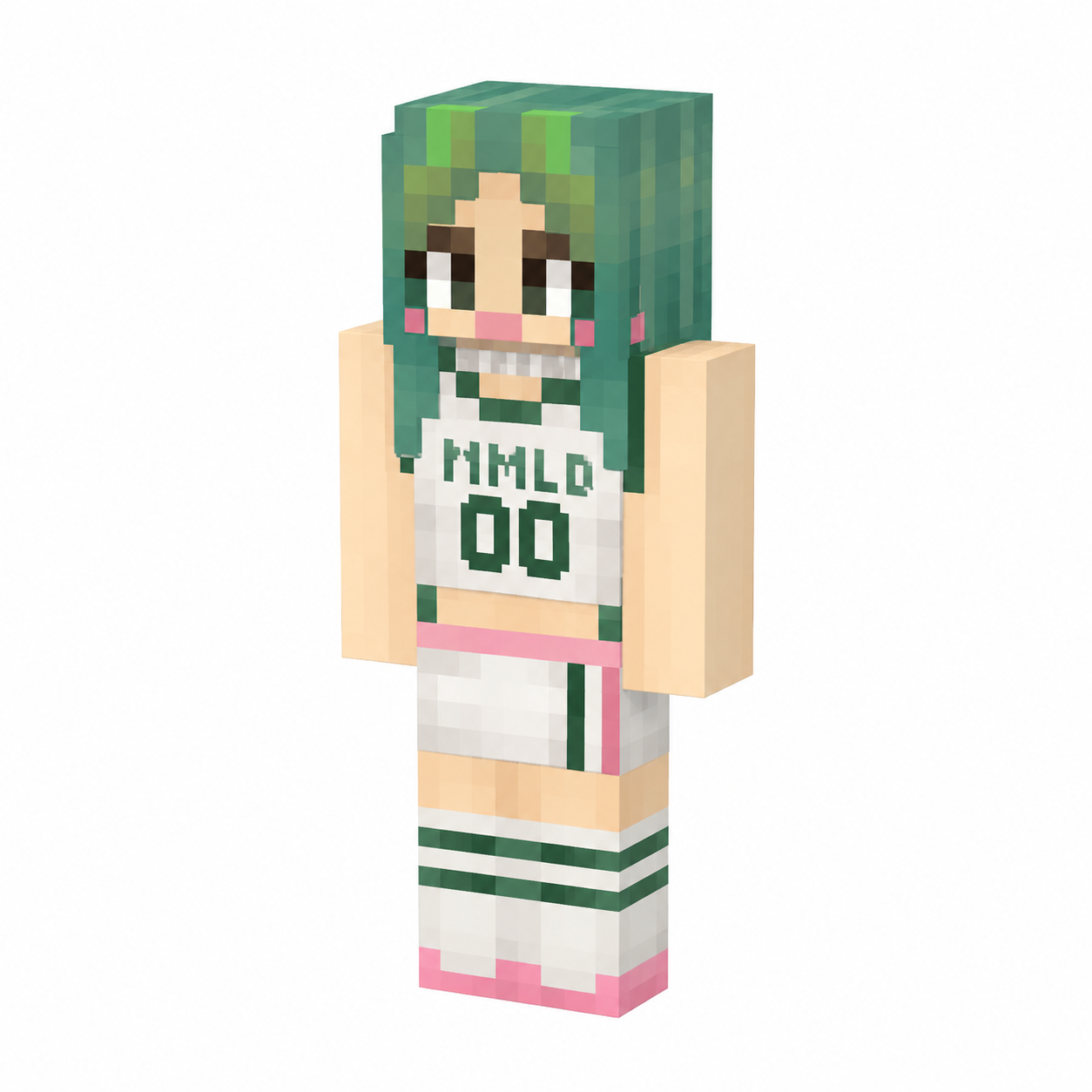 Minecraft skin of green-haired athlete in white jersey with 00, green stripes, and pink accents in three-quarter view.