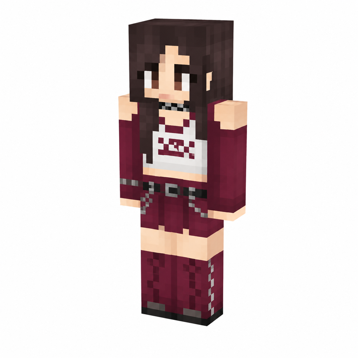 Maroon e-girl Minecraft skin with long brown hair, crop top, chain belt, and thigh-high boots in 3D preview.