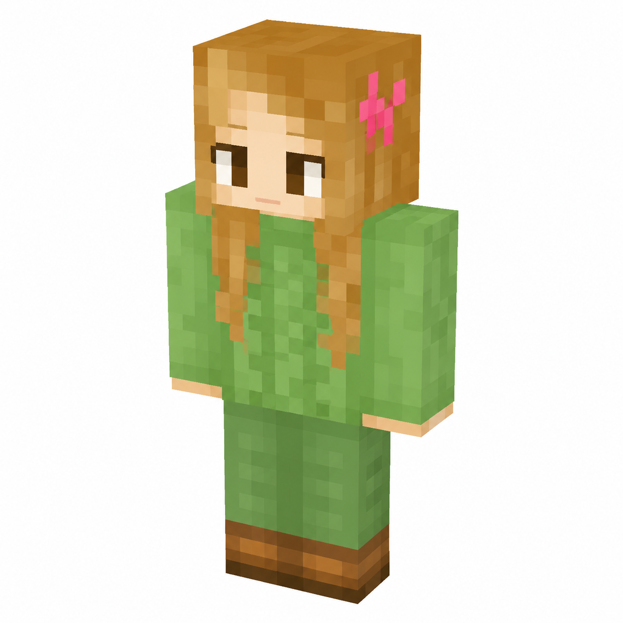 3D preview of green-clad Minecraft-style character with braids and pink hair clip