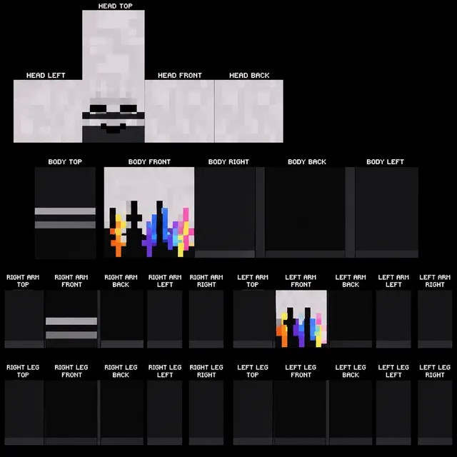 Minecraft skin template with black outfit, white mask head, and neon glitch bars on torso and leg