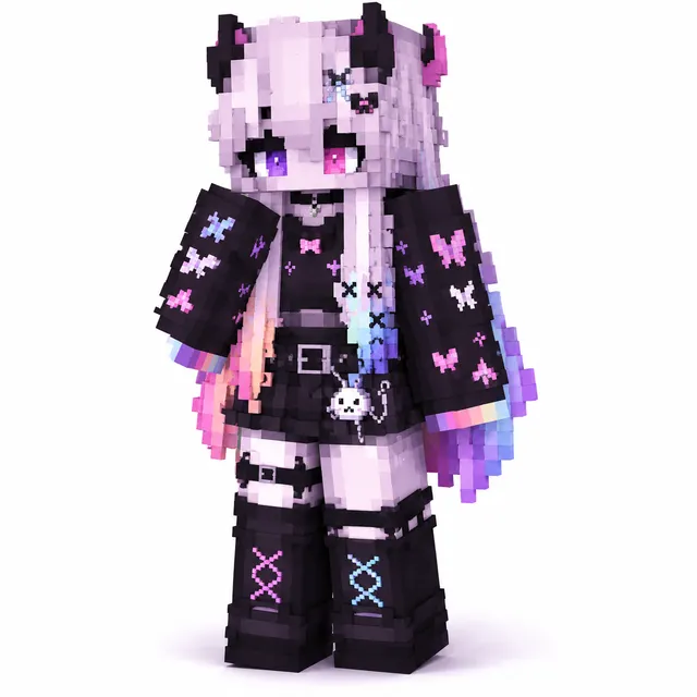 Pastel goth Minecraft skin with horns, butterfly sleeves, heterochromia eyes, and pastel gradient hair.
