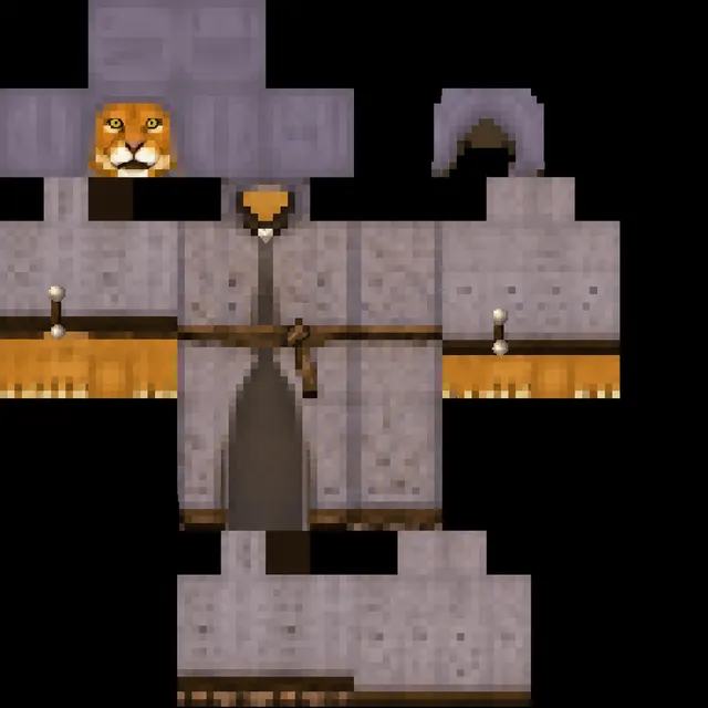 Minecraft skin texture of a lion-headed character in a gray hooded medieval robe with leather belt and sleeve studs.