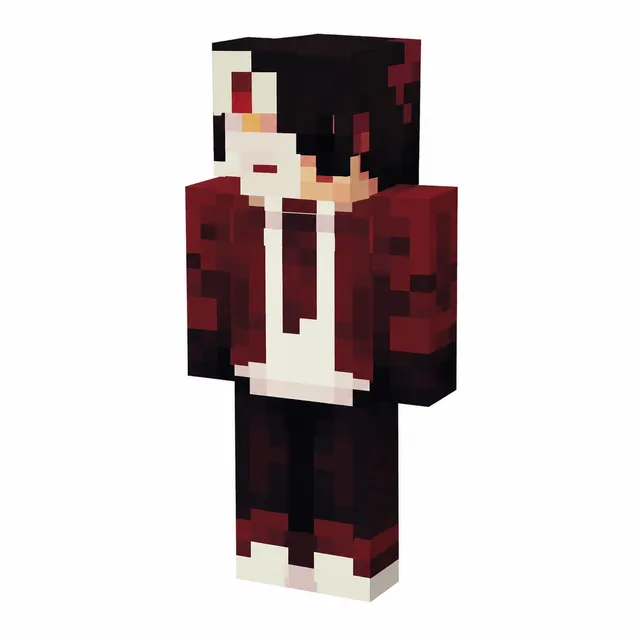Minecraft skin with crimson jacket, white shirt, dark pants, and side-swept black hair at three-quarter view.