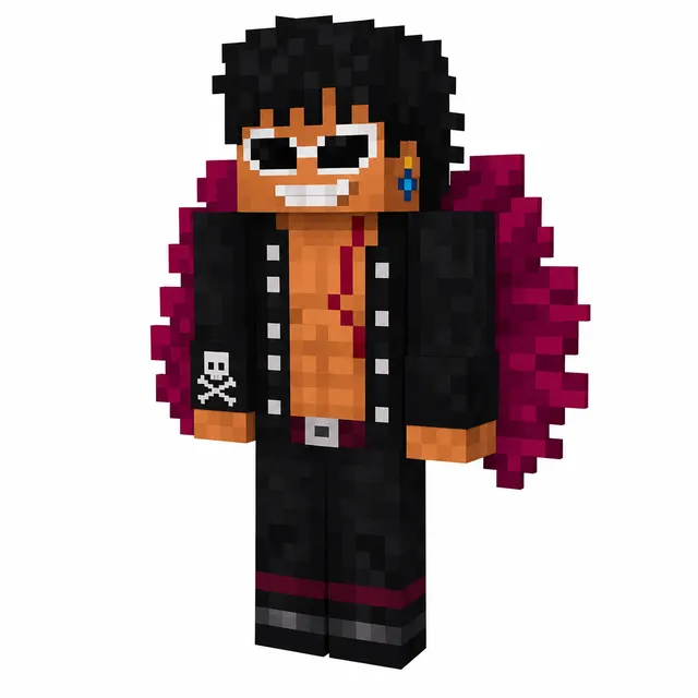 Minecraft-style skin of a grinning pirate in black suit with open jacket, white sunglasses, and magenta feathered cape on white background.