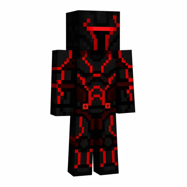 Black Minecraft skin with neon red cyber armor and visor on white background