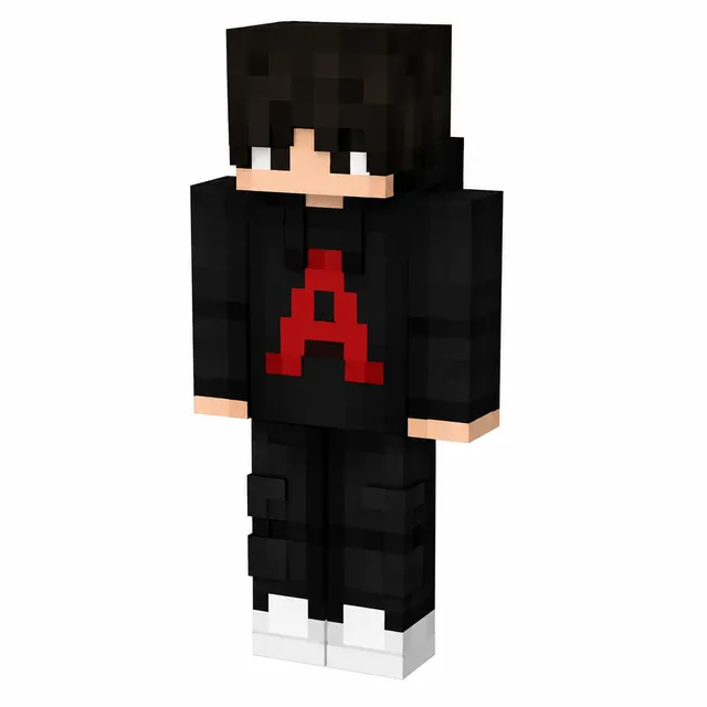 Minecraft skin with black hoodie and red letter A, dark pants, white sneakers, brown hair; 3D standing view on white background.