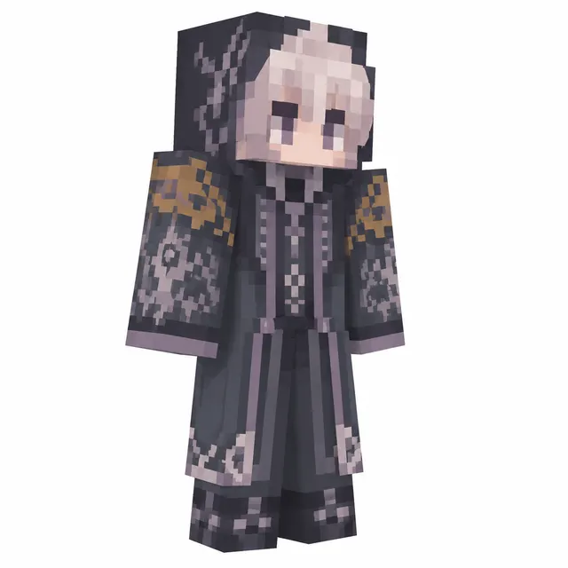 Minecraft skin of a hooded dark mage in charcoal robe with silver hair and gold-trimmed sleeves, three-quarter front view.