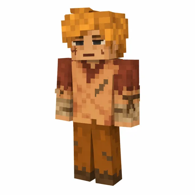 Minecraft skin of a rugged survivor with orange hair, scars, torn orange-brown clothes, and arm wraps on a white background.
