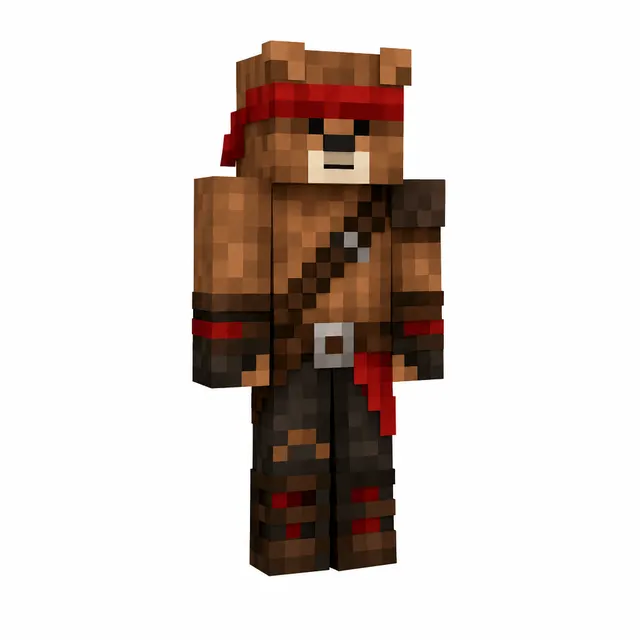 Minecraft-style bear warrior skin with red headband, strap, and red-accented boots.