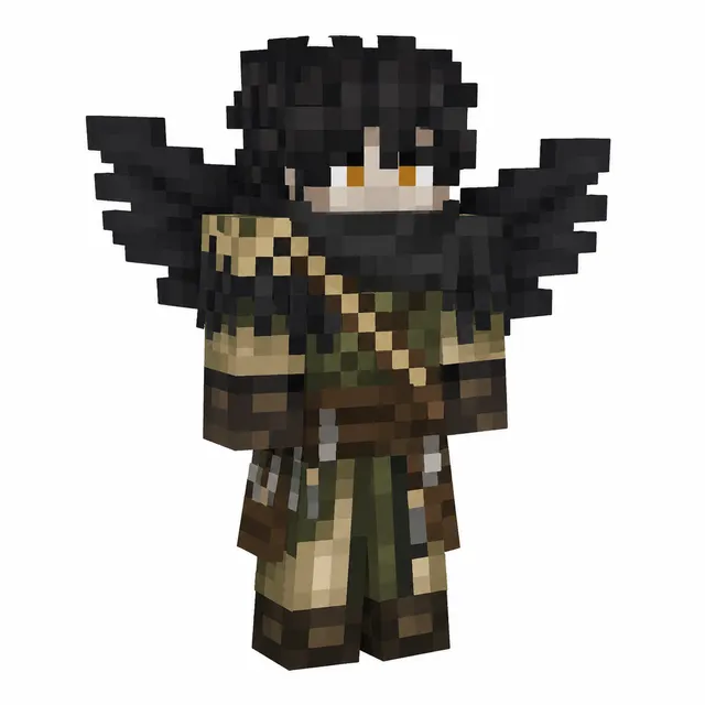 Minecraft skin of a winged rogue in olive-brown gear with black feathered wings and scarf mask, shown in 3/4 view on white.