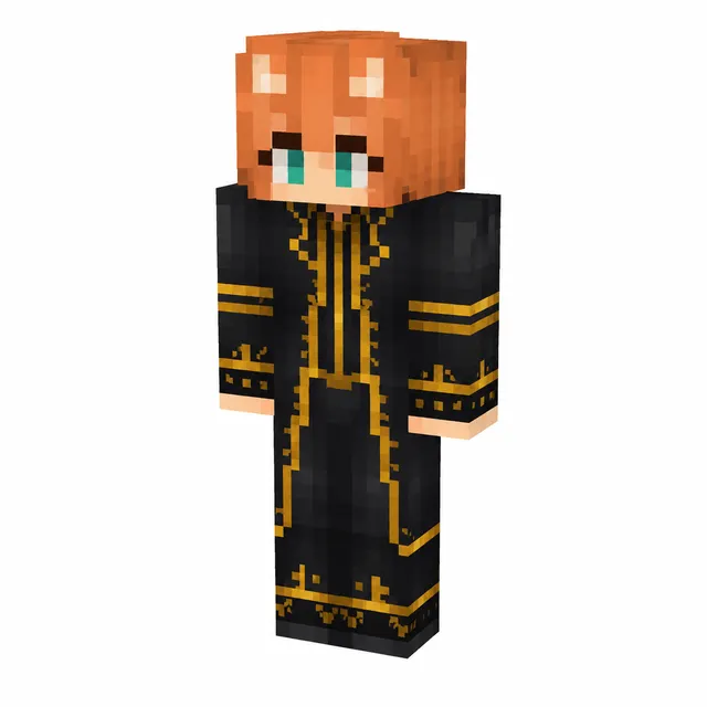 Minecraft skin of orange-haired cat-eared mage in black robe with gold trim, teal eyes, three-quarter view.