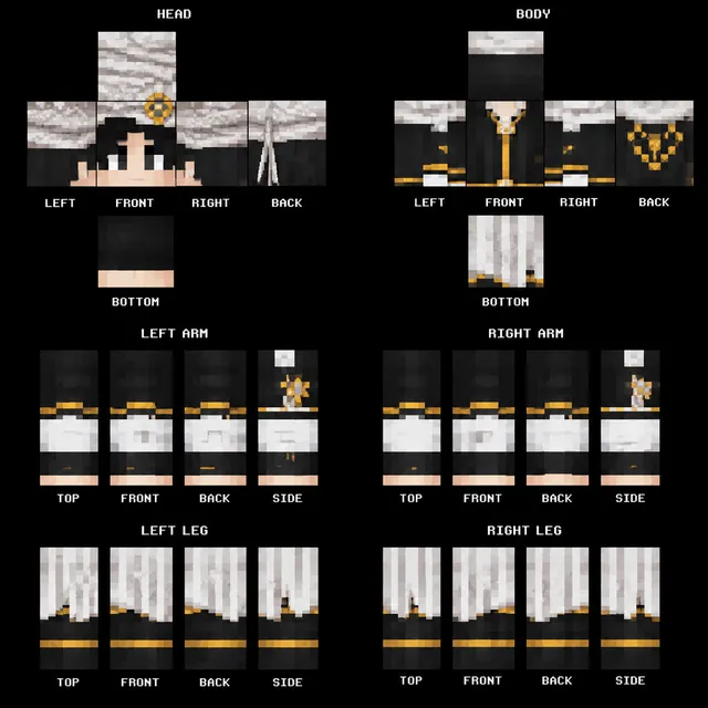 Minecraft skin: black coat with gold trim, white robes, chain clasp, and small gear hairpin in steampunk style.