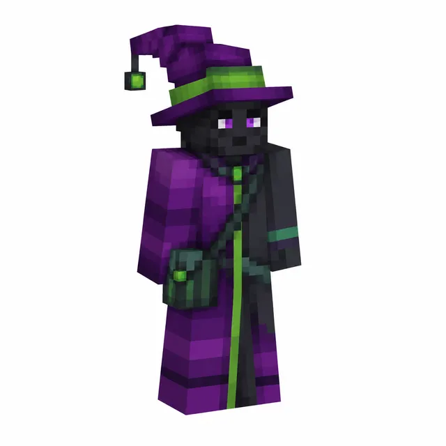 Minecraft skin of a purple-and-green witch with pointy hat and satchel, dark face and purple eyes, shown in three-quarter view.