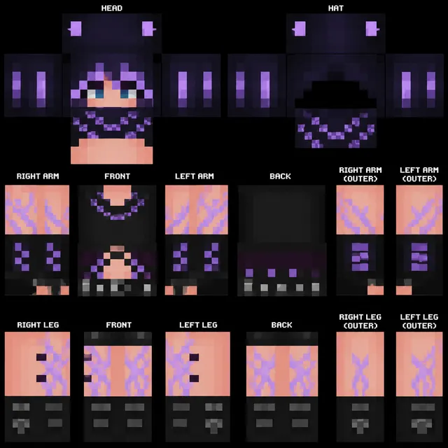 Purple-and-black goth girl Minecraft skin template with hood ears and runic patterns.