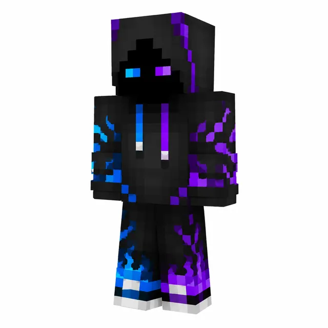 Black-hooded Minecraft skin with neon blue and purple flames, split cyan/magenta eyes, and gradient cuffs and pant legs.