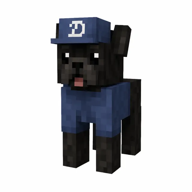 Minecraft-style black dog wearing a blue cap with a D and matching shirt on a white background.