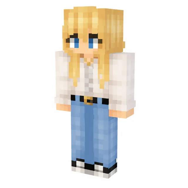 Blonde girl Minecraft skin in white blouse, light blue jeans, and sneakers