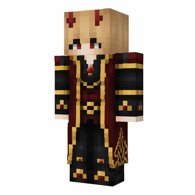 Crimson-and-gold mage Minecraft skin with blonde hair, red eyes, small horns, and a long ornate coat.