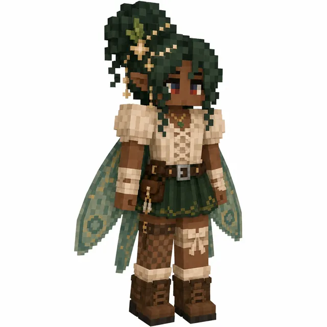 Minecraft skin of a forest fairy elf with green hair, cream blouse, green skirt, boots, and translucent patterned wings.