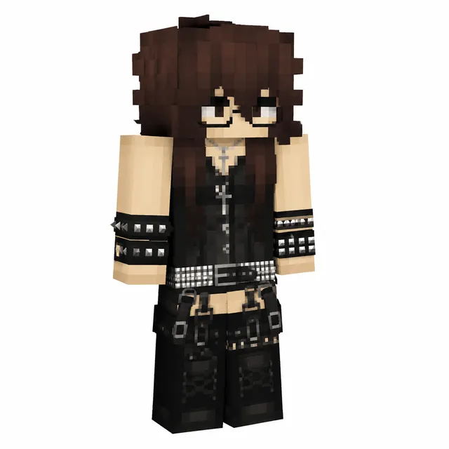 Minecraft skin: goth character with brown hair, glasses, black vest, studded cuffs, belt, and strapped black pants in 3D preview.