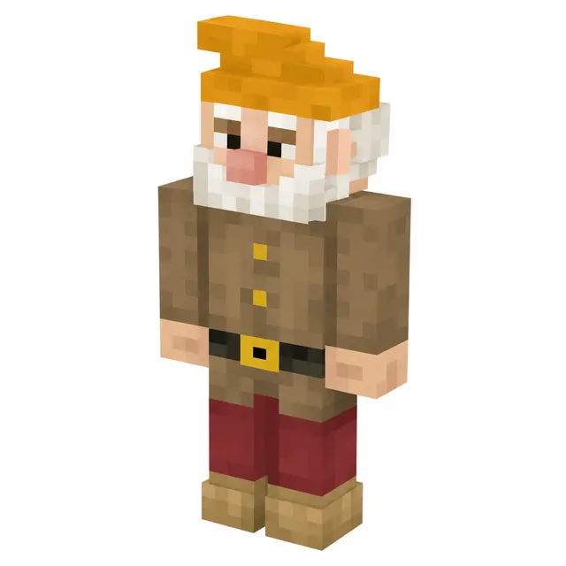 Bearded gnome Minecraft skin in brown tunic, red pants, tan boots, and orange cap