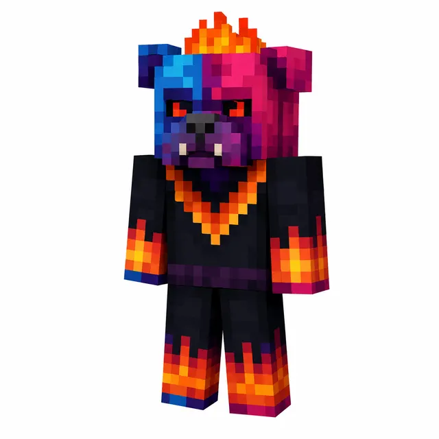 Neon two-tone bulldog Minecraft skin with fiery mohawk and flame-trimmed black outfit in 3/4 view.