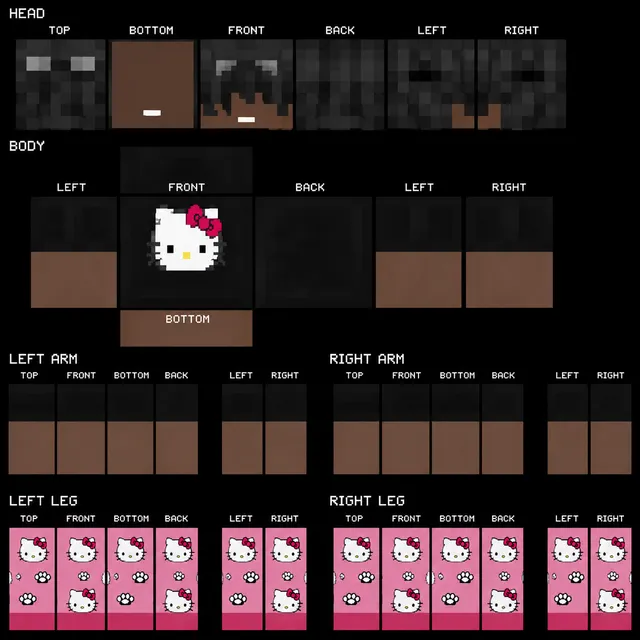 Minecraft skin template with black hoodie and pink cat-pattern legs on a dark-haired avatar.