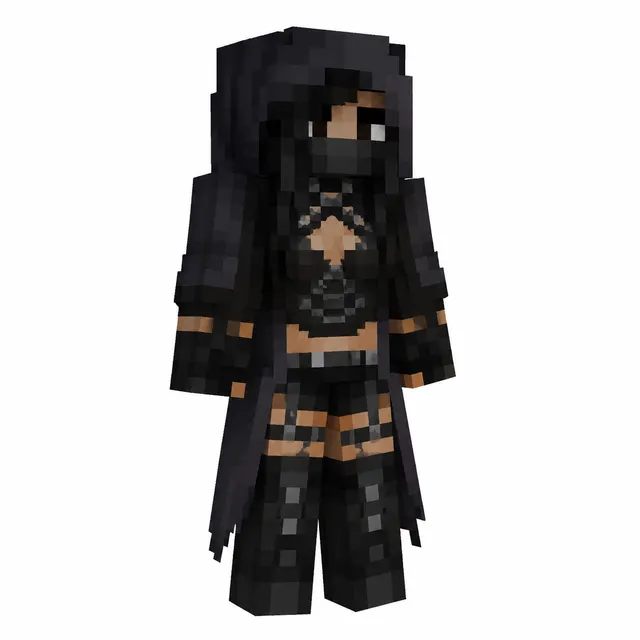 Hooded, masked dark rogue Minecraft skin in black armor with cloak