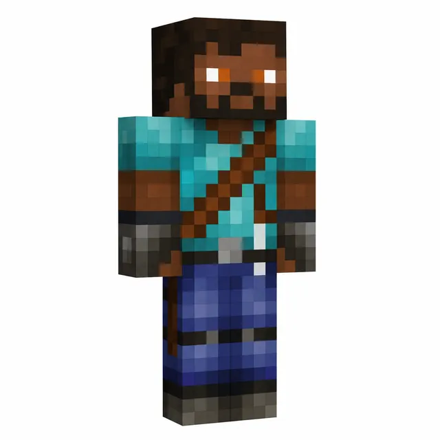 Minecraft-style adventurer skin with turquoise shirt, bandolier, gloves, blue pants, belt, and glowing white eyes.
