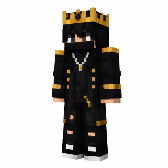Black-and-gold Minecraft skin with crown, masked face, long coat, and ripped pants in a 3D preview