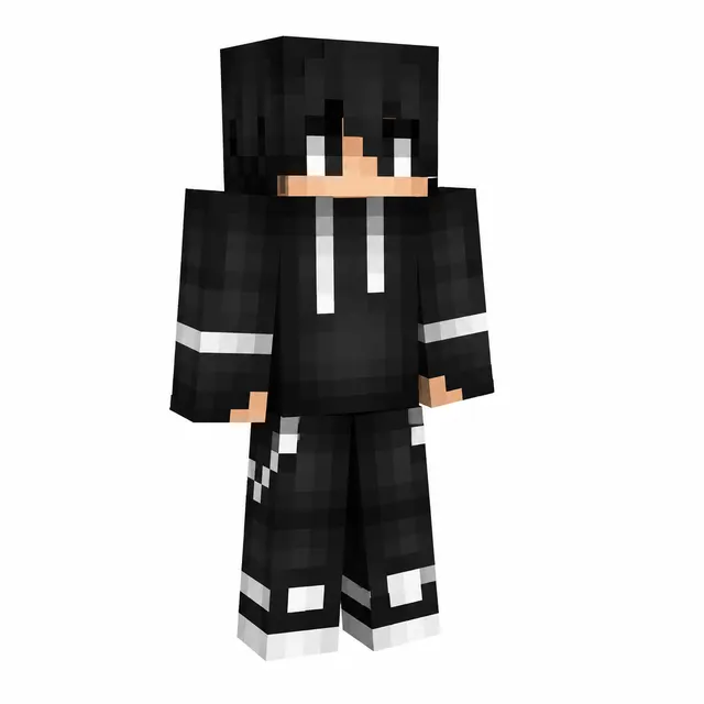 Minecraft skin of a black-hoodie character with white stripes and accents, shown in three-quarter view on a white background.